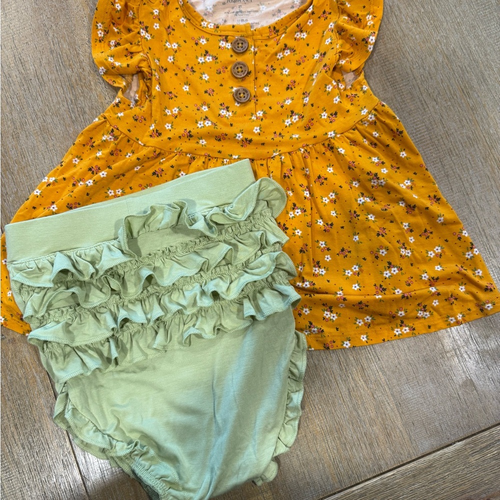 Posh Peanut Floral Mustard Dress with Mint Ruffle Bloomers